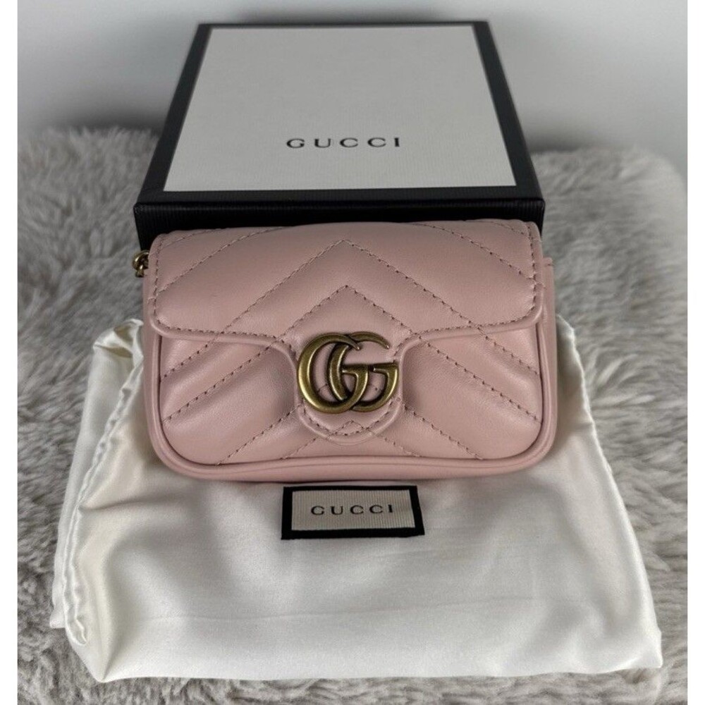Gucci GG Marmont Super Mini Shoulder Bag Wristlet Dusty Pink Matelasse Leather